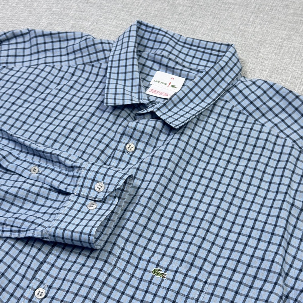 Lacoste Button-Up Shirt Mens XL (44) Blue Check‎ Long Sleeve Collared Cotton